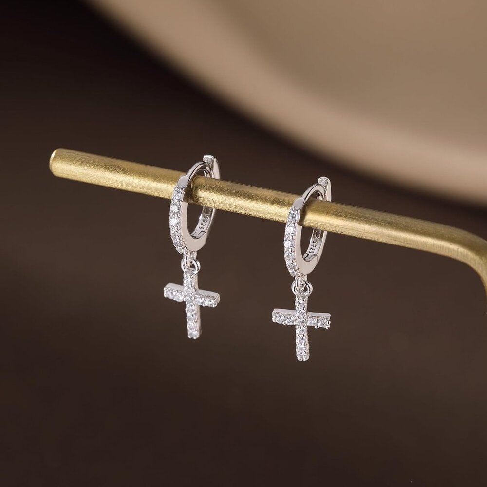Solid 925 Sterling Silver Cross Hoop Earrings For… - image 4